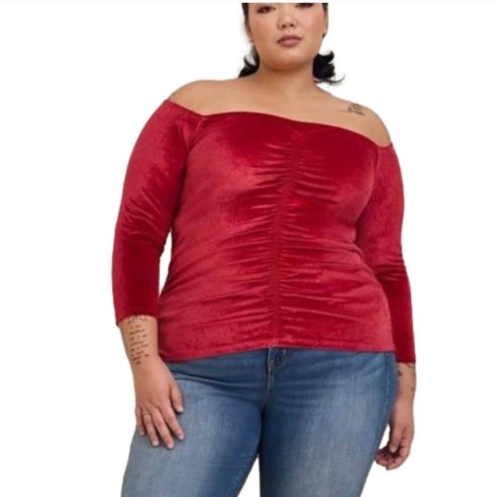Torrid Off The Shoulder Red Velvet Shirred Front Top NWT